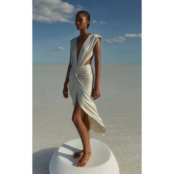 Baobab Mia Plunge V-Neck Gathered Midi Sheath Dress, NWT Ivory - Picture 3 of 16